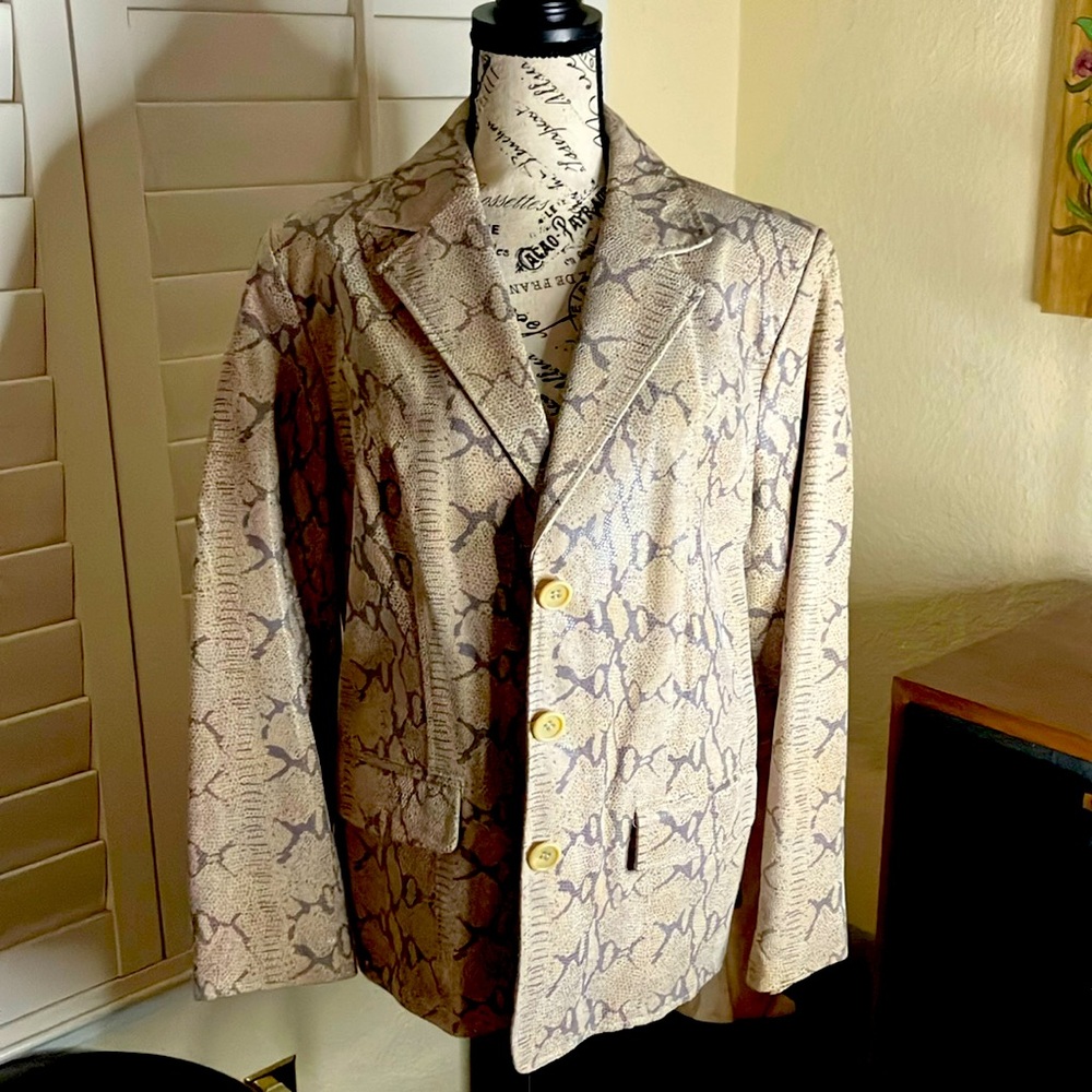 🩶🤎🐍Terry Lewis Snake Print 100% Leather Jacket Vintage Never Worn Lined Size M